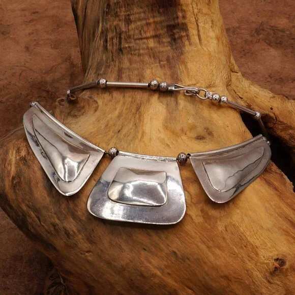 Vintage Native American Modernist Silver Bib Necklace Carlos Diaz Style 17" - Picture 6 of 13